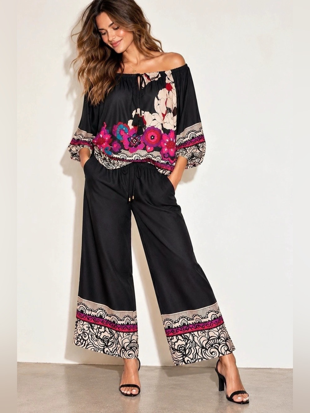 Trina Turk Floral Border Print 2 Piece Blouse & Wide Leg Pants Set
